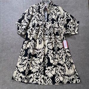 Never a Wallflower Black Cream Ikat Print Button Front Midi Dress XXL